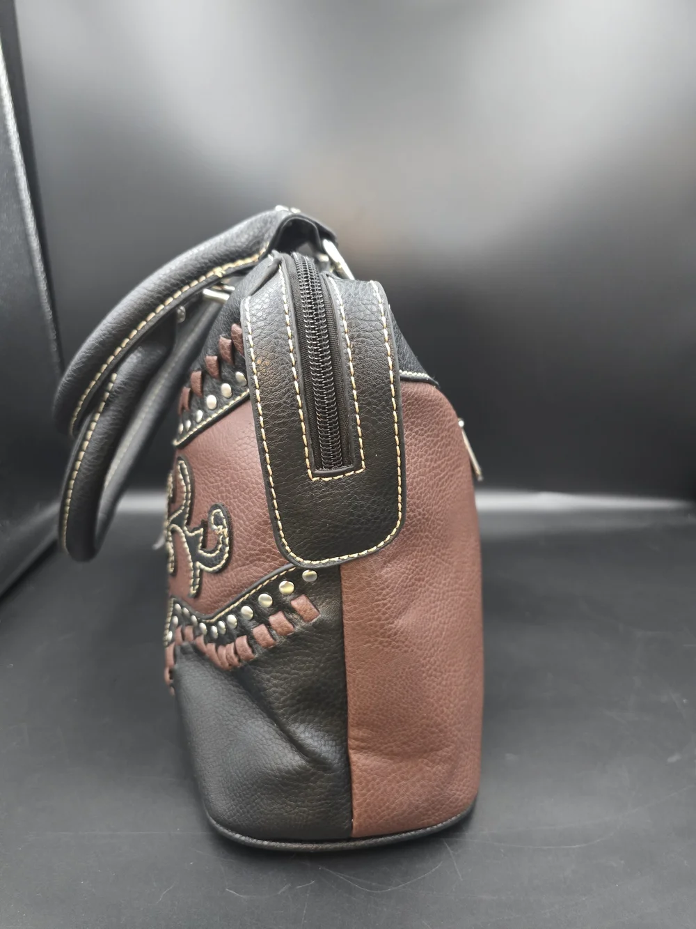 Embellished Two-Tone Black and Brown Satchel Handbag